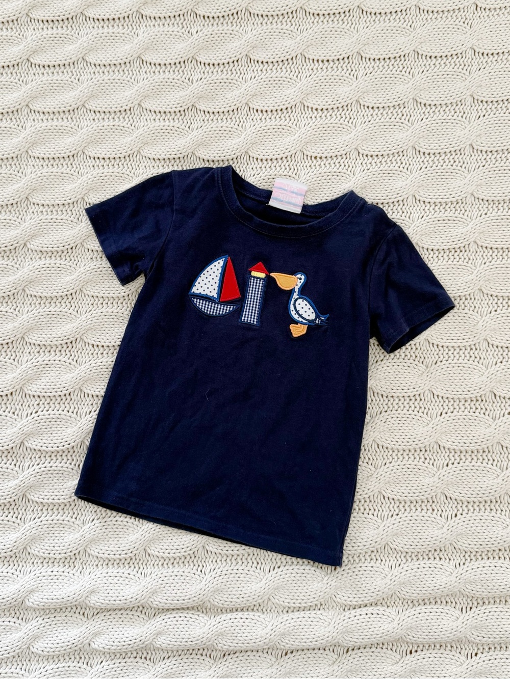 Stitchy Fish Vintage Short Sleeve Kids Tee with Sailboat & Pelican Motif